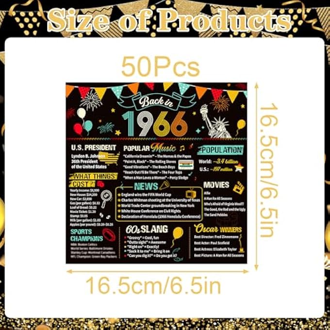 PACK OF 50 NAPKINS 60TH BIRTHDAY MAN WOMAN DECORATION 60TH BIRTHDAY NAPKINS BLACK GOLD FOR MEN AND WOMEN 1966 PAPER HANDKERCHIEFS HANDKERCHIEFS PARTY DECORATION - Image 2